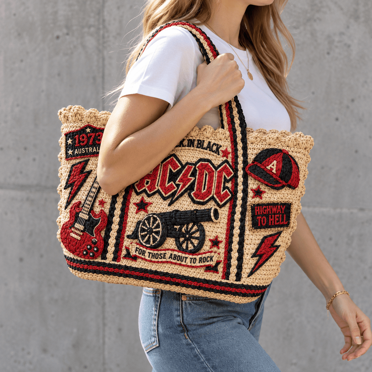 ACDC Straw-Style Embellished Tote Bag DNBN